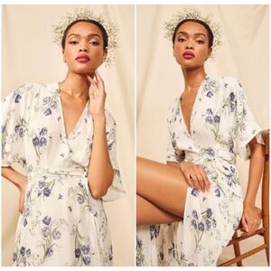 Reformation Winslow Chiffon Maxi Wrap Dress Macadamia XS White Blue Floral Tulip
